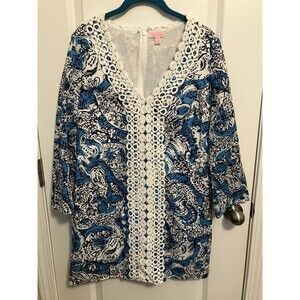 Lilly Pulitzer Dress blue white print long sleeve women's medium, lace trim